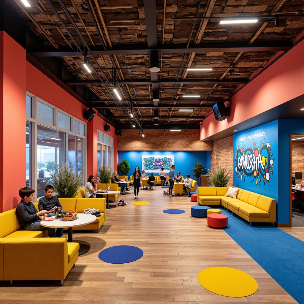 Prompt: Vibrant youth center, bright coral walls, energetic blue accents, playful yellow furniture, bold graffiti murals, urban industrial architecture, reclaimed wood flooring, exposed brick ceilings, modern minimalist decor, comfortable lounge seating, flexible modular layouts, interactive technology installations, colorful LED lighting, dynamic shapes, geometric patterns, stimulating textures, casual social areas, collaborative workspaces, inclusive community atmosphere, natural daylight, soft warm glow, shallow depth of field, 3/4 composition, panoramic view.