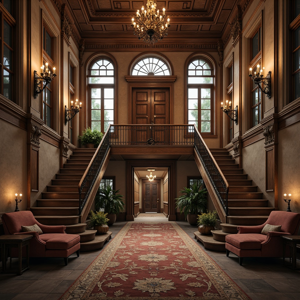 Prompt: Intricate carvings, ornate wooden doors, grand entrance halls, sweeping staircases, opulent chandeliers, classic columns, symmetrical facades, rustic stone walls, vintage window frames, distressed finishes, rich textiles, lavish furnishings, warm candlelight, soft warm lighting, shallow depth of field, 1/1 composition, realistic textures, ambient occlusion.