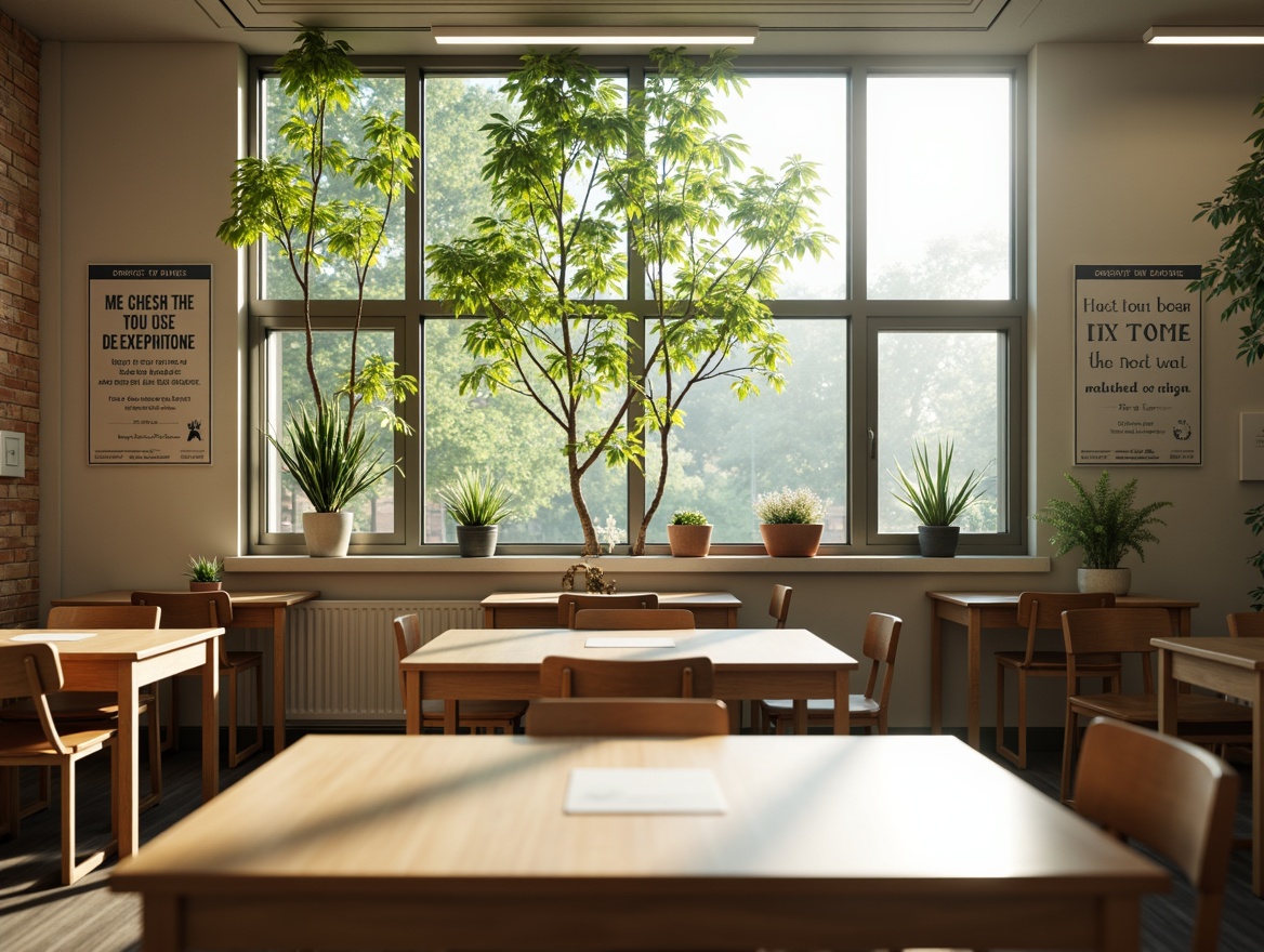 Prompt: Bright classroom, large windows, natural light pouring in, greenery views, wooden desks, ergonomic chairs, inspirational quotes, educational posters, soft warm lighting, shallow depth of field, 3/4 composition, realistic textures, ambient occlusion.