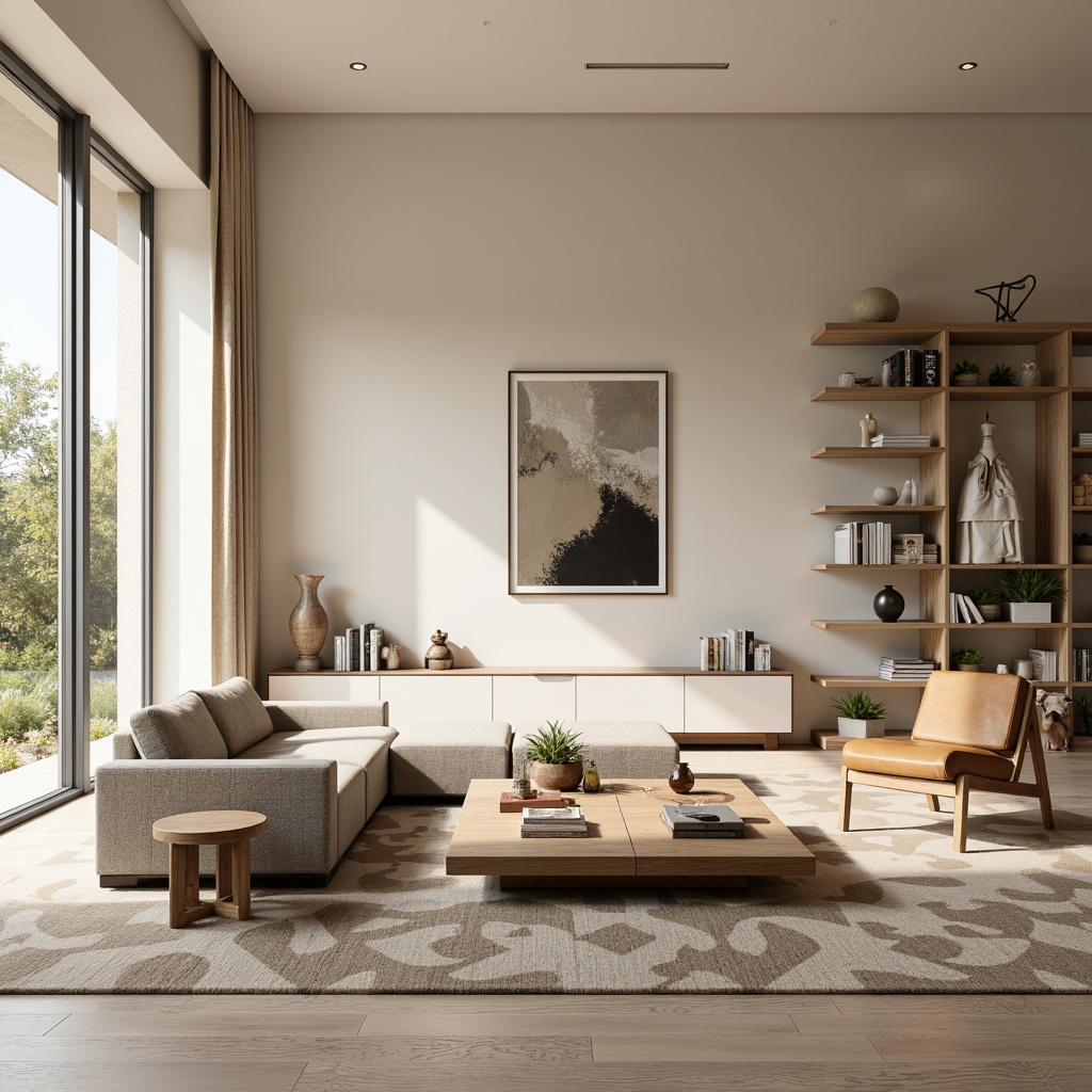 Prompt: Modern minimalist living room, sleek low-profile sofa, wooden coffee table, metallic floor lamp, cream-colored walls, large windows, natural light, cozy reading nook, comfortable accent chairs, geometric patterned rug, functional storage units, floating shelves, hidden LED lighting, calm color palette, 1/1 composition, shallow depth of field, soft warm glow.