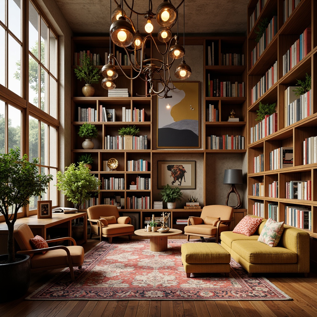 Prompt: Whimsical library interior, eclectic bookshelves, rich wood tones, vintage furniture pieces, plush armchairs, colorful rugs, statement lighting fixtures, ornate metal chandeliers, pendant lamps with unique shapes, Edison bulb fixtures, industrial-style metal shades, warm golden lighting, cozy reading nooks, floor-to-ceiling windows, natural stone walls, abstract artwork, eclectic decorative accessories, warm beige color palette, soft ambient lighting, shallow depth of field, 1/1 composition, realistic textures, subtle shadows.