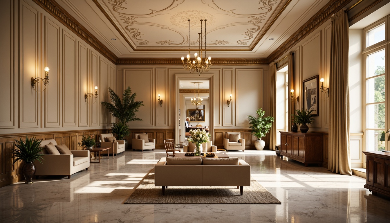 Prompt: Elegant office interior, classicism style, sophisticated wall finishes, rich wood paneling, ornate moldings, cream-colored marble, luxurious velvet fabrics, tufted leather sofas, refined bronze lighting fixtures, intricate plaster ceilings, symmetrical compositions, warm beige tones, soft golden lighting, shallow depth of field, 1/1 composition, realistic textures, ambient occlusion.