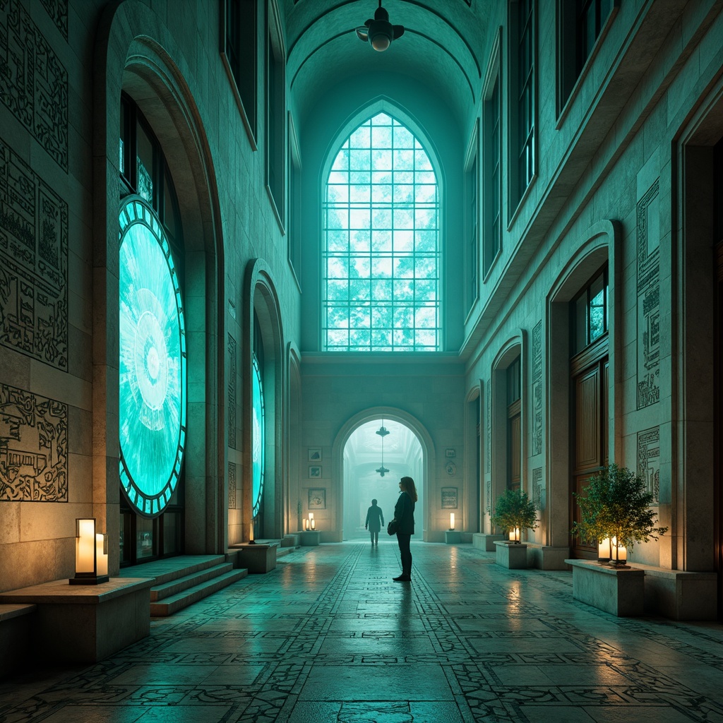 Prompt: Ethereal monastery, futuristic architecture, neon-lit corridors, holographic stained glass windows, iridescent tile floors, luminescent archways, misty atmospheric lighting, soft blue-green ambient glow, sleek metallic accents, minimalist stone walls, sacred geometric patterns, ancient manuscript-inspired murals, glowing orbs, levitating candles, ambient techno music, virtual reality interfaces, 3D holographic projections, cyberpunk-inspired decorations, intricate circuitry designs.