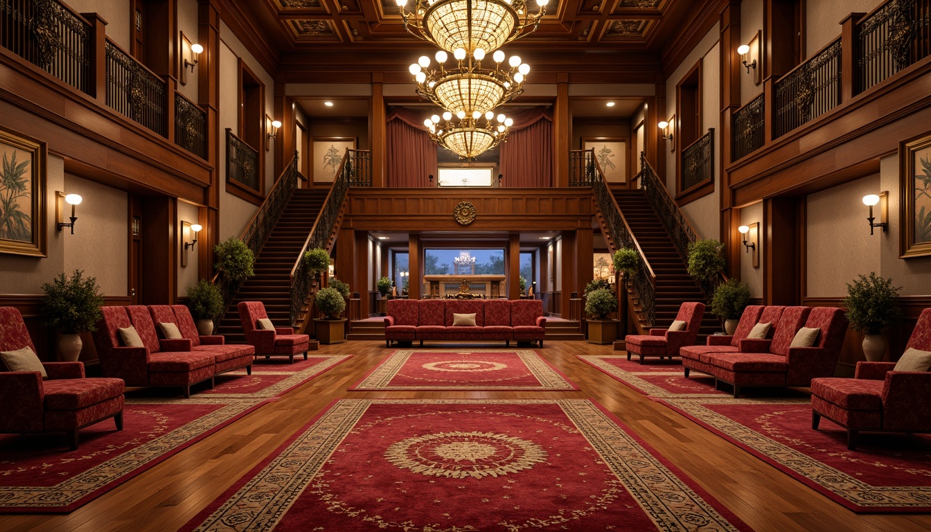 Prompt: Richly patterned carpets, velvety softness, deep red and gold hues, ornate borders, classic cinema-inspired designs, luxurious feel, high-end materials, intricate inlays, polished hardwood floors, warm wood tones, subtle sheen, elegant atmosphere, sophisticated ambiance, ornamental metal accents, lavish decorations, grand chandeliers, opulent furnishings, majestic columns, sweeping staircases, dramatic lighting, cinematic color palette, 1920s-inspired glamour, Old Hollywood charm.