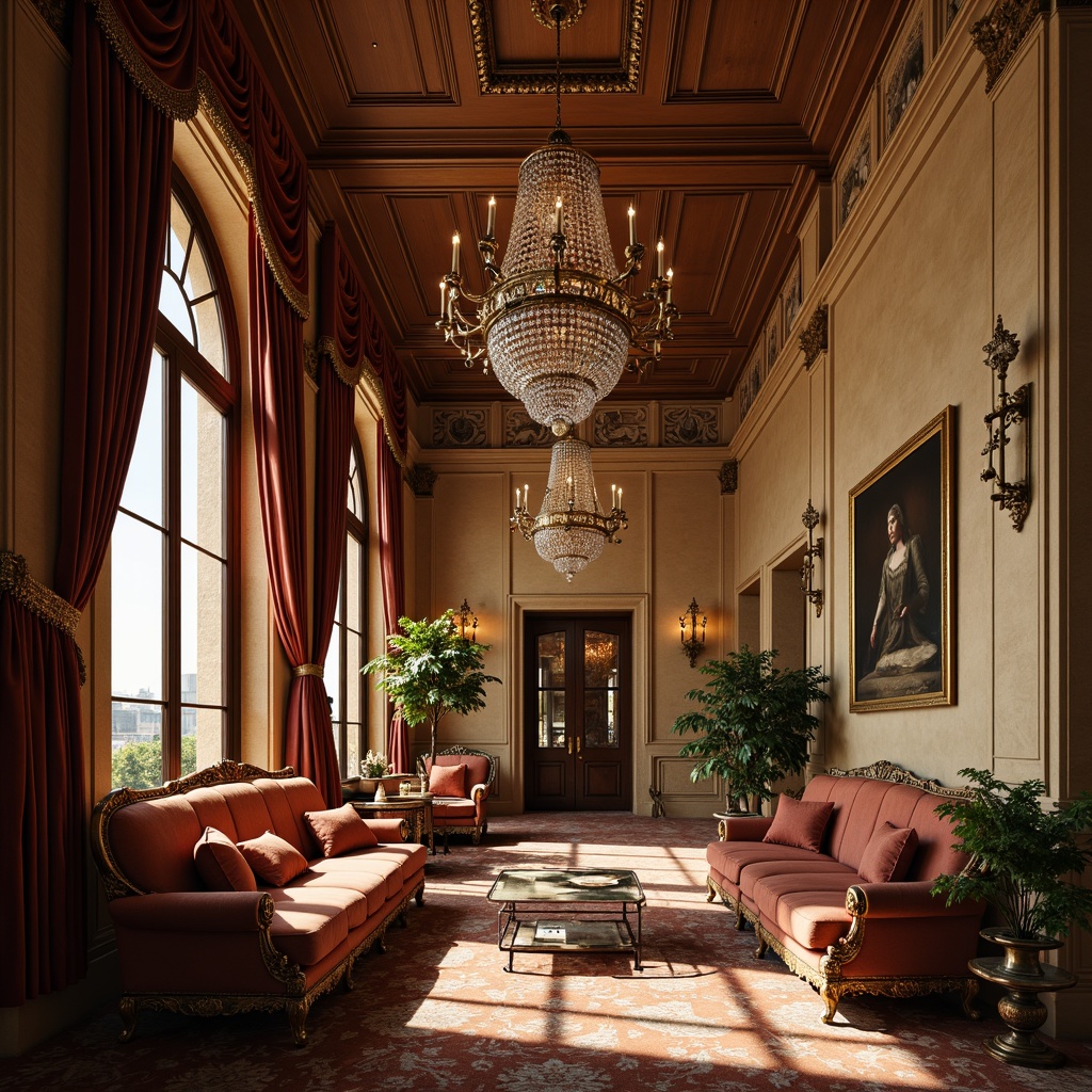 Prompt: Luxurious Renaissance-inspired interior, rich wood tones, ornate gold accents, warm beige stucco walls, opulent velvet drapes, intricately carved furniture, grand crystal chandeliers, soft diffused natural light, atmospheric warm glow, 1/2 composition, intimate close-up shots, realistic textures, subtle ambient occlusion.