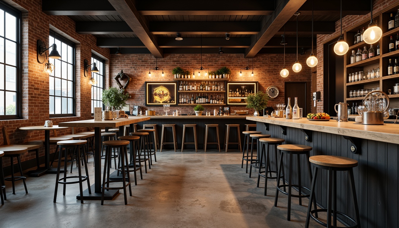 Prompt: Industrial-chic bar, reclaimed wood countertops, metal stools, Edison bulb lighting, exposed brick walls, urban loft atmosphere, modern minimalist decor, sleek low-profile seating, polished concrete floors, rustic wooden accents, vintage industrial machinery, warm ambient lighting, shallow depth of field, 1/1 composition, realistic textures, ambient occlusion.