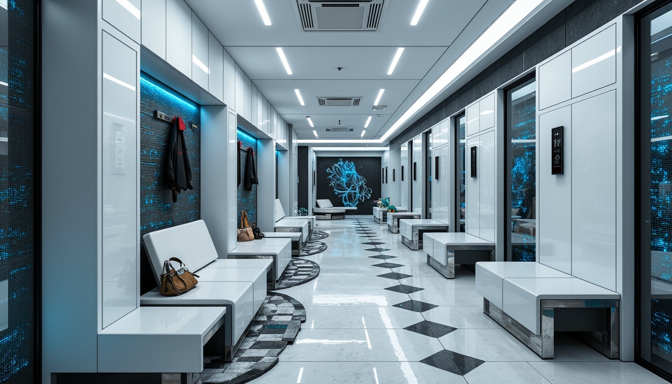 Prompt: Futuristic mudroom, sleek metal benches, minimalist shoe racks, angular lines, LED lighting strips, automated storage systems, smart coat hooks, glossy white cabinets, iridescent glass shelves, eco-friendly recycled plastic flooring, hexagonal tile patterns, neon-lit accent walls, high-gloss metallic surfaces, futuristic-themed wall art, 3D-printed decorative accents, shallow depth of field, panoramic view, realistic reflective materials.