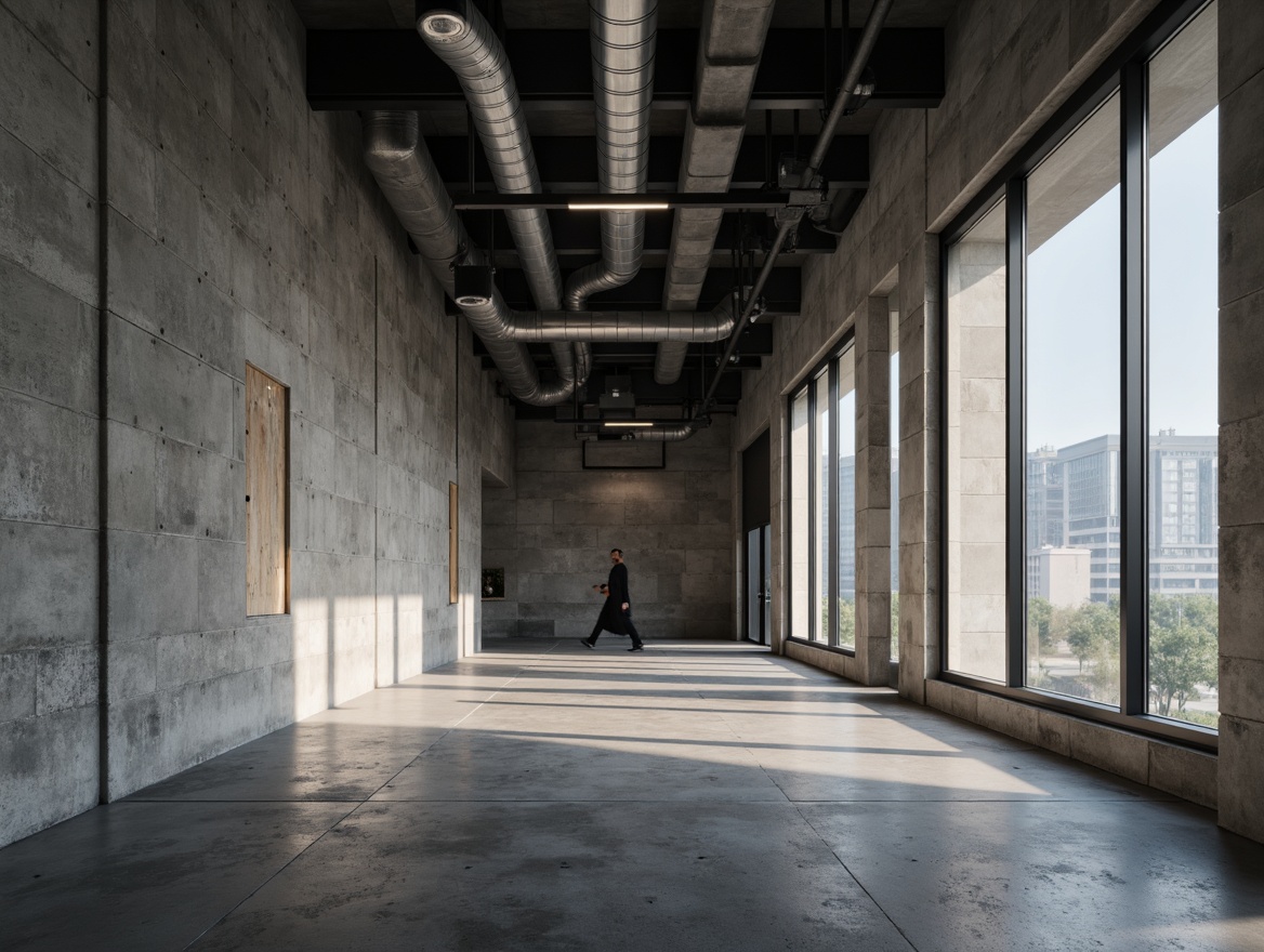 Prompt: Raw concrete walls, exposed ductwork, industrial pipes, minimalist lighting fixtures, brutalist architecture, translucent glass surfaces, subtle natural light, soft diffused shadows, ambient occlusion, atmospheric misting, modern urban feel, sleek metal accents, polished stone floors, monochromatic color scheme, functional simplicity, geometric shapes, abstract textures, 1/1 composition, high-contrast lighting, dramatic shading.