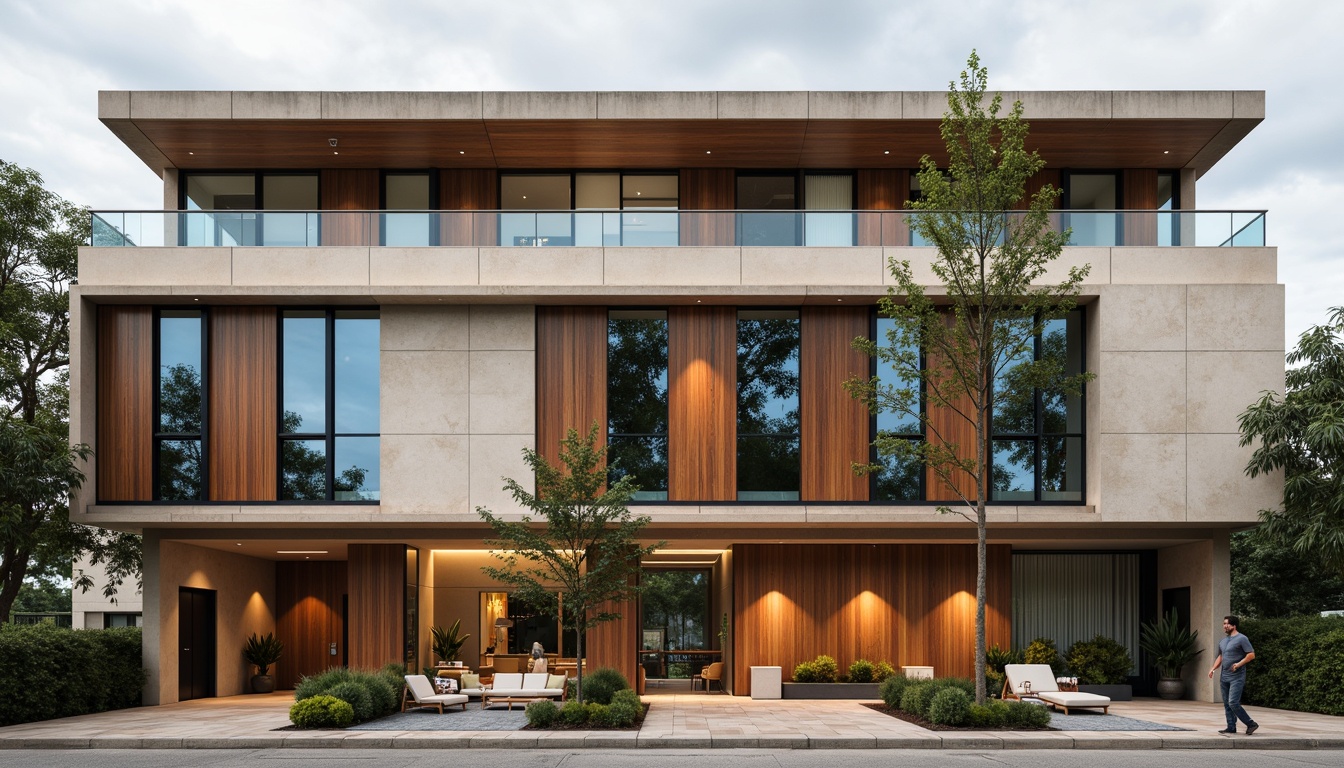 Prompt: Contemporary building facade, sleek glass surfaces, metallic accents, earthy tones, neutral color scheme, beige stucco walls, rich wood textures, bold accent colors, vibrant urban surroundings, cloudy sky, soft natural light, 1/2 composition, realistic reflections, ambient occlusion.