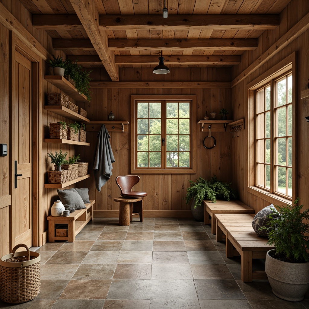 Prompt: Rustic wooden cabin, mudroom entrance, natural stone flooring, earthy color palette, woven baskets, vintage metal hooks, distressed wood benches, galvanized steel shelving units, woven rattan storage bins, wooden crates, leather straps, industrial-style lighting fixtures, warm cozy ambiance, soft natural light, shallow depth of field, 1/2 composition, realistic textures, ambient occlusion.