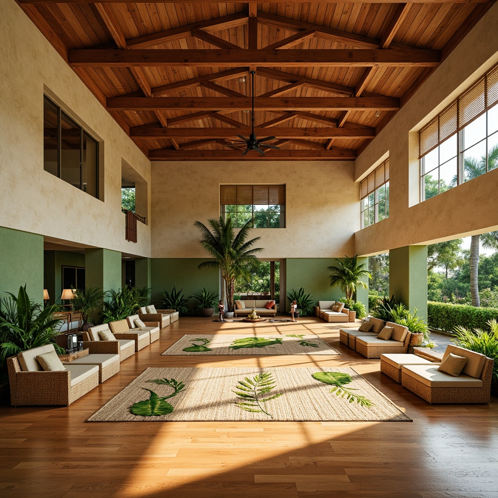 Prompt: Tropical gymnasium interior, exotic wood flooring, polished bamboo surfaces, natural fiber rugs, vibrant green accents, woven rattan furniture, tropical leaf patterns, warm beige walls, large windows, abundant natural light, softbox lighting, 1/1 composition, shallow depth of field, realistic textures, ambient occlusion.