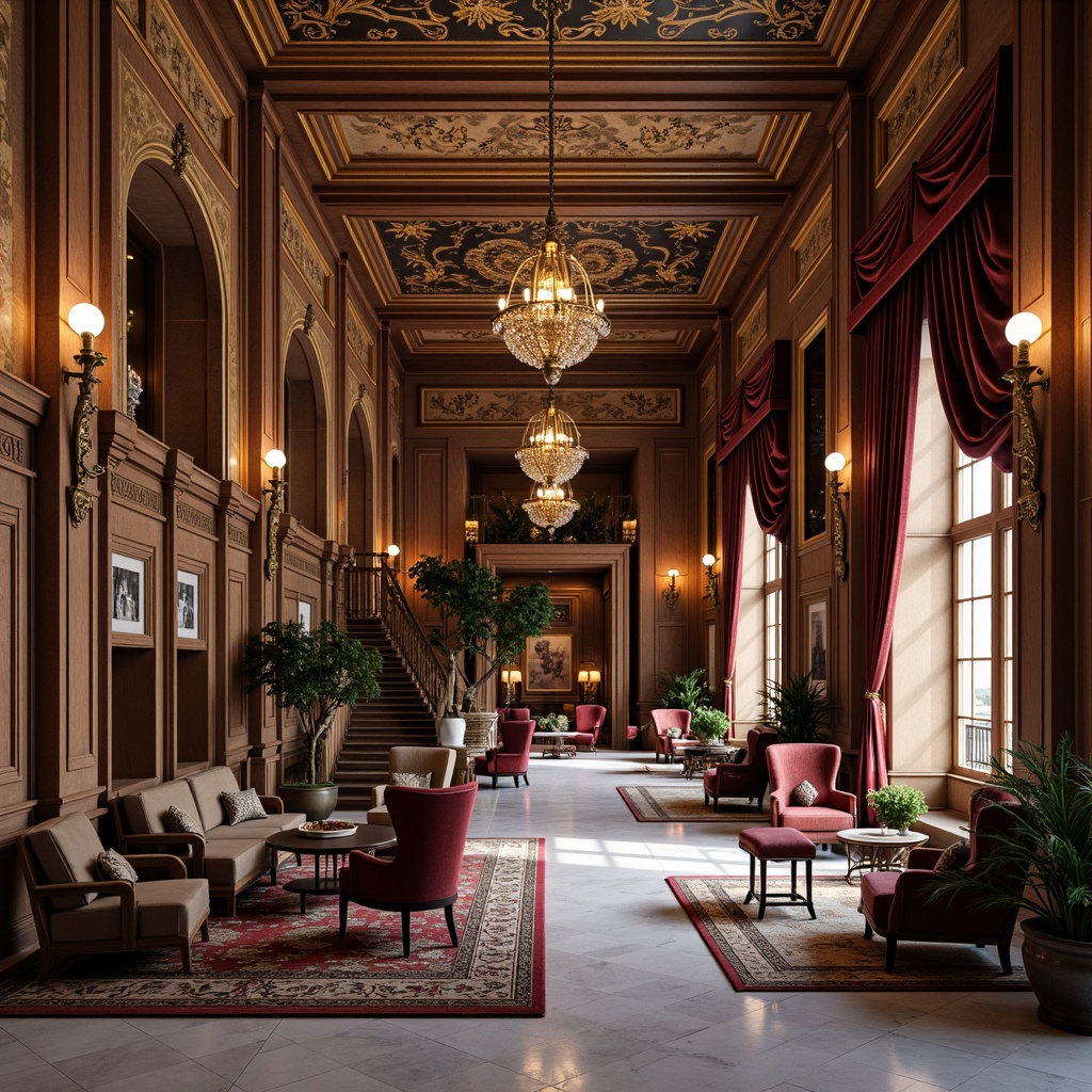 Prompt: Luxurious interior space, ornate furnishings, intricately carved wood panels, grand chandeliers, opulent fabrics, velvet drapes, gilded accents, marble floors, ornamental staircases, sweeping archways, lavish ceiling details, richly patterned rugs, bronze fixtures, crystal sconces, plush upholstery, sophisticated color palette, warm ambient lighting, shallow depth of field, 1/2 composition, soft focus effect, high-end materials, elegant textures, subtle reflections.