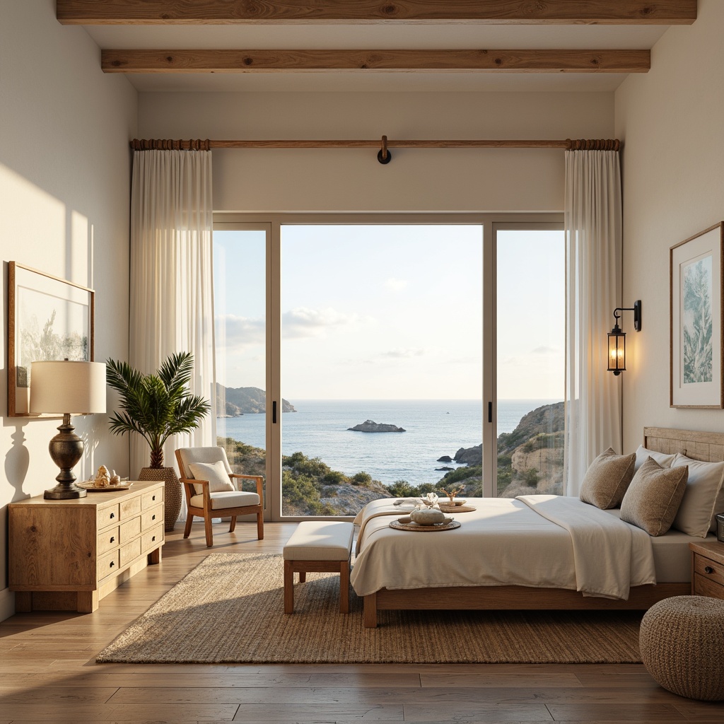 Prompt: Coastal bedroom, soft ocean breeze, calming sound of waves, light wood furniture, natural fabrics, woven sea grass, driftwood decor, shell accents, gentle morning sunlight, warm white lighting, nautical-themed lamps, rustic metal fixtures, glass pendant lights, frosted shades, beachy vibes, relaxed atmosphere, serene ambiance, 1/1 composition, soft focus, warm color temperature, coastal-inspired textures.