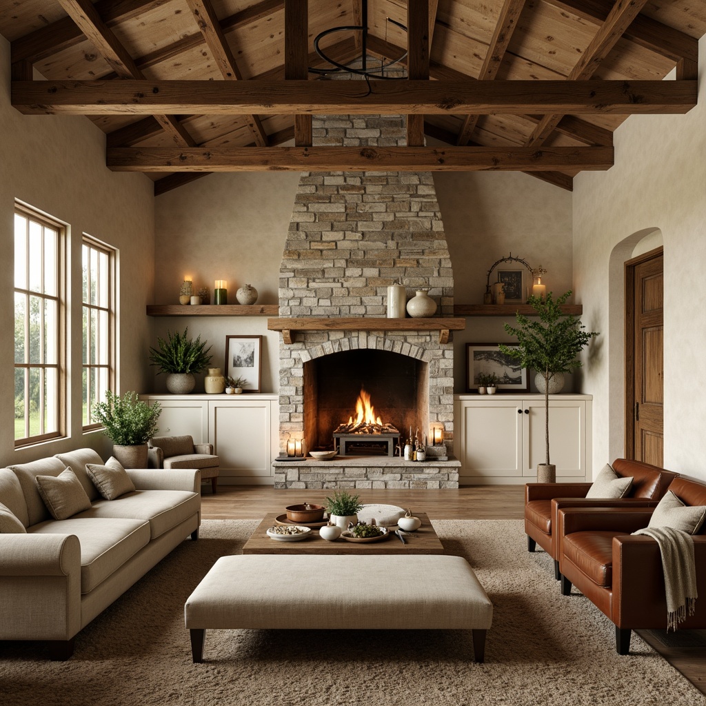 Prompt: Rustic farmhouse interior, earthy tone palette, warm beige walls, distressed wood accents, vintage metal decor, natural stone fireplace, plush linen upholstery, soft sage greenery, creamy white cabinets, worn leather furniture, reclaimed wooden beams, cozy candle lighting, shallow depth of field, 2/3 composition, warm golden hour, realistic textures, ambient occlusion.