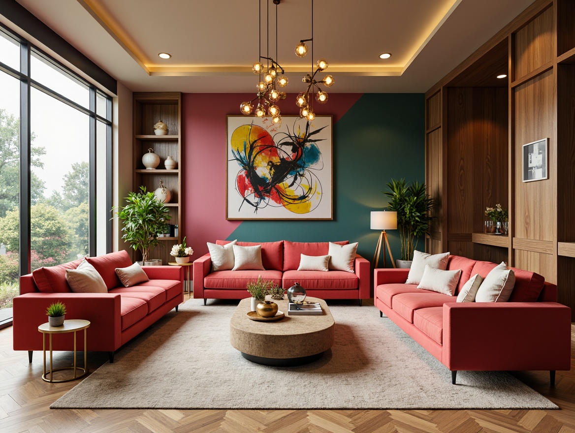 Prompt: Vibrant living room, bold accent walls, rich wood furniture, plush velvet sofas, metallic gold decor, warm beige flooring, soft pastel throw pillows, natural light pouring in, large windows, elegant chandeliers, sophisticated color blocking, 3/4 composition, realistic textures, ambient occlusion.