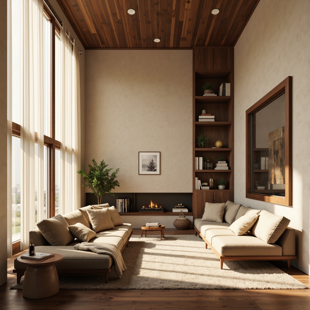 Prompt: Calming living room, soft warm beige walls, rich walnut wood furniture, plush velvet sofa, minimalist decor, natural textiles, earthy tone accents, cozy reading nook, floor-to-ceiling windows, sheer white curtains, warm golden lighting, shallow depth of field, 1/1 composition, realistic textures, ambient occlusion.