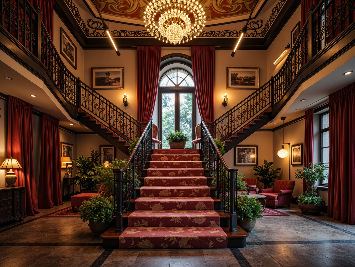 Prompt: Whimsical staircase, eclectic mix of vintage and modern elements, ornate iron railings, richly polished wood banisters, bold color accents, luxurious velvet upholstery, dramatic floor-to-ceiling curtains, warm golden lighting, softbox illumination, subtle shadowing, high-contrast highlights, 1/2 composition, atmospheric perspective, cinematic depth cues, intricate architectural details, lavish chandeliers, suspended pendant lights, LED strip lighting, cozy nooks, grand entranceways.