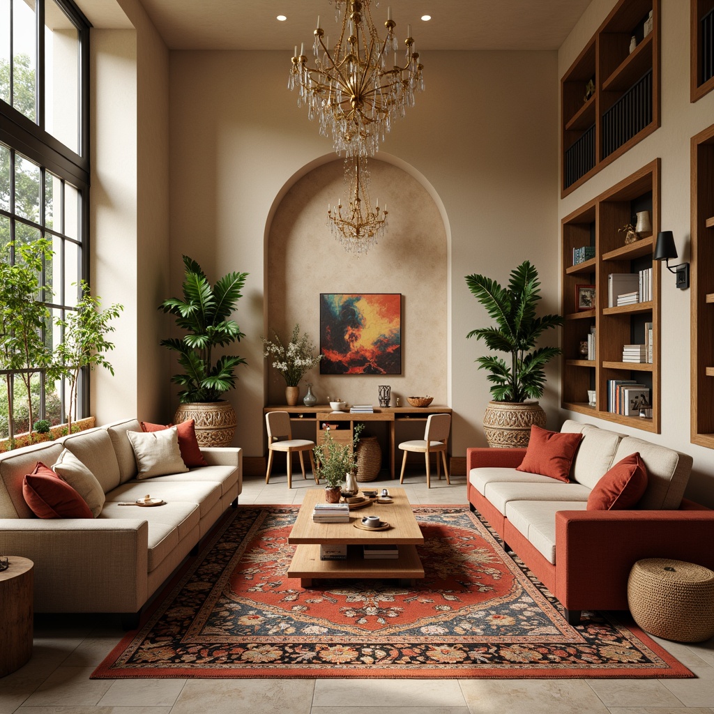 Prompt: Cozy living room, plush sofas, velvet armchairs, wooden coffee tables, Moroccan-inspired tiles, warm beige walls, large windows, natural light, soft curtains, elegant chandeliers, modern minimalist decor, functional shelving units, comfortable reading nooks, lush greenery, vibrant artwork, eclectic rug patterns, warm neutral color palette, 3/4 composition, shallow depth of field, realistic textures, ambient occlusion.