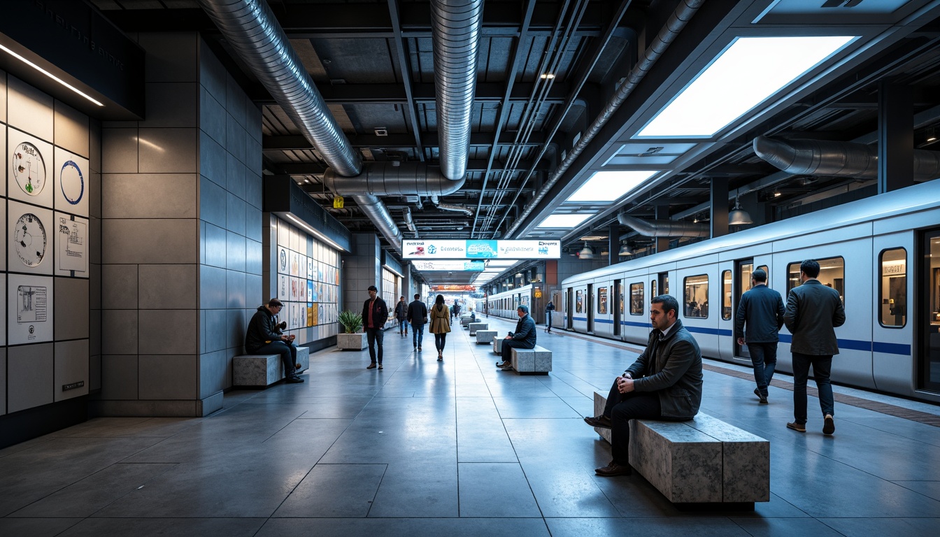 Prompt: Modern train station interior, sleek wall panels, metallic finishes, geometric patterns, dynamic LED lighting, futuristic ambiance, urban atmosphere, bustling activity, rush hour crowds, high-speed trains, industrial materials, exposed ductwork, minimalist benches, stainless steel accents, polished concrete floors, atmospheric sound effects, shallow depth of field, 1/1 composition, symmetrical framing, realistic reflections.