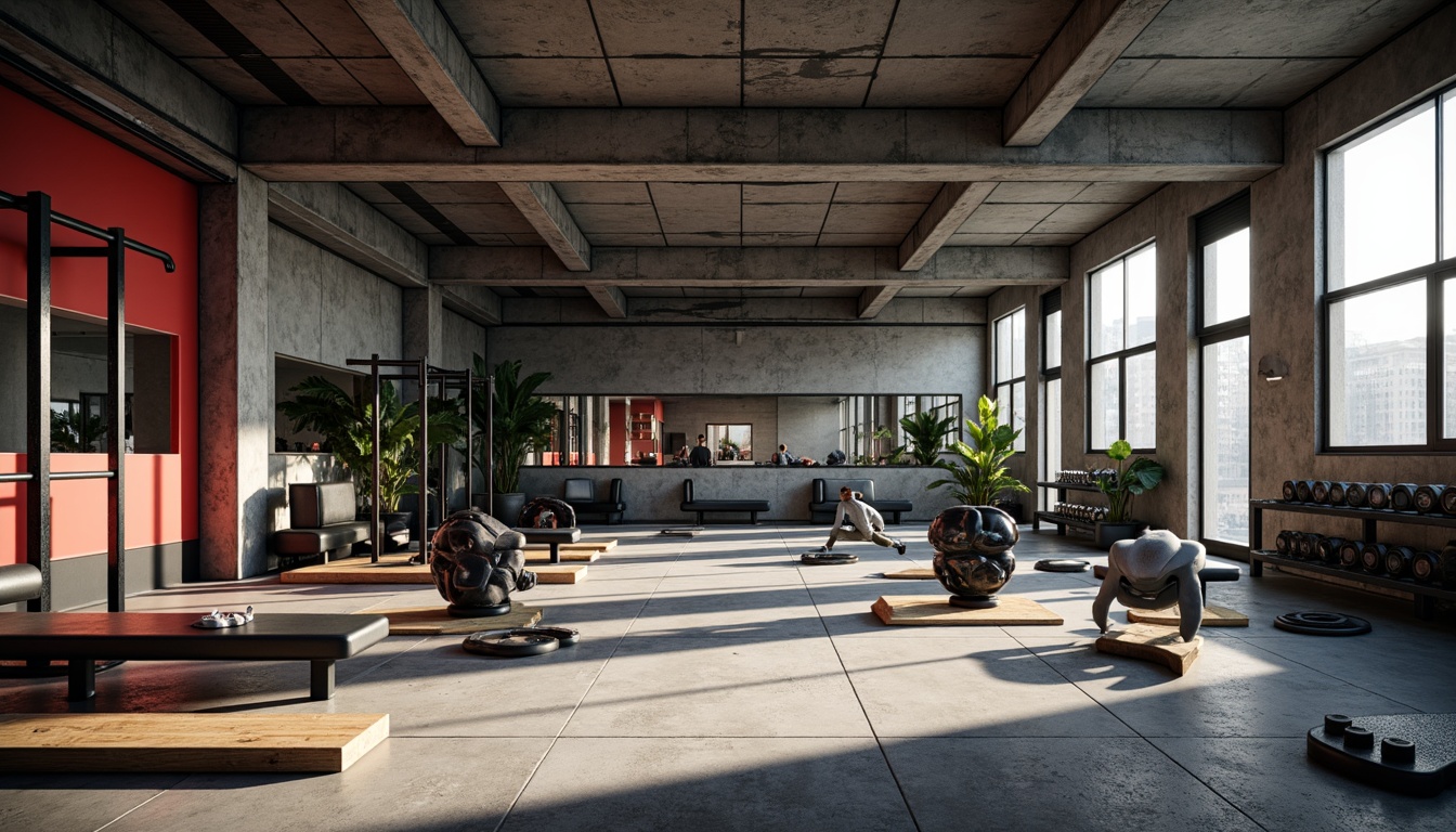 Prompt: Rugged fitness club, brutalist architecture, exposed concrete walls, industrial metal beams, raw stone floors, minimalist decor, bold color schemes, functional equipment, weightlifting platforms, cardio machines, free weights, Olympic lifting bars, mirrored walls, natural light, high ceilings, urban loft atmosphere, dramatic shadows, low-key lighting, 1/1 composition, symmetrical framing, gritty textures, ambient occlusion.