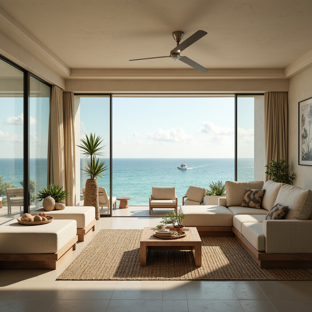 Prompt: Serene coastal living room, soft sandy beige walls, driftwood accents, plush sectional sofa, natural fiber rugs, calming turquoise hues, floor-to-ceiling windows, sliding glass doors, ocean views, beachy vibes, minimal ornamentation, airy atmosphere, ambient lighting, shallow depth of field, 1/1 composition, panoramic view, realistic textures, soft focus, warm glow.