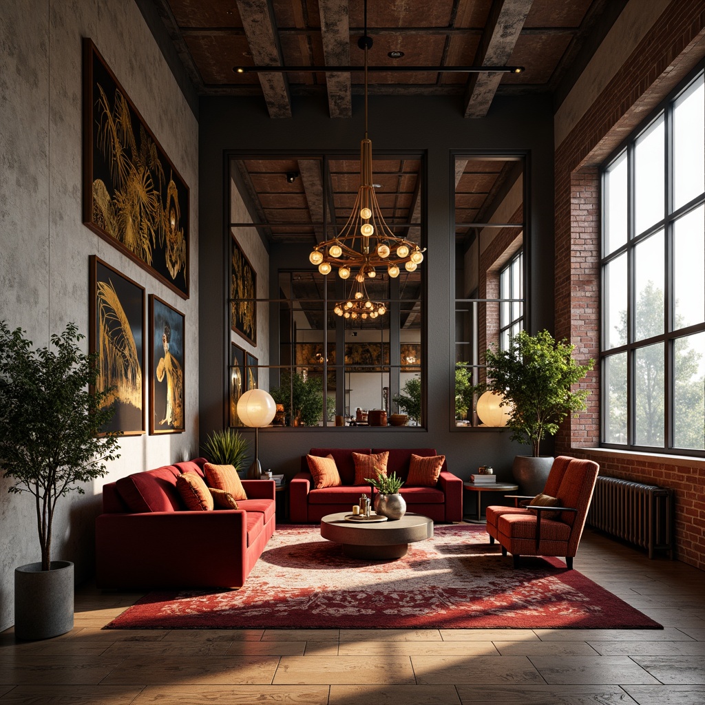 Prompt: Luxurious loft interior, art deco style, textured walls, metallic accents, ornate mirrors, lavish furnishings, rich velvet fabrics, geometric patterns, bold color schemes, high ceilings, industrial chic, exposed brick, reclaimed wood floors, minimalist decor, statement lighting fixtures, dramatic shadows, 1/1 composition, softbox lighting, cinematic ambiance.