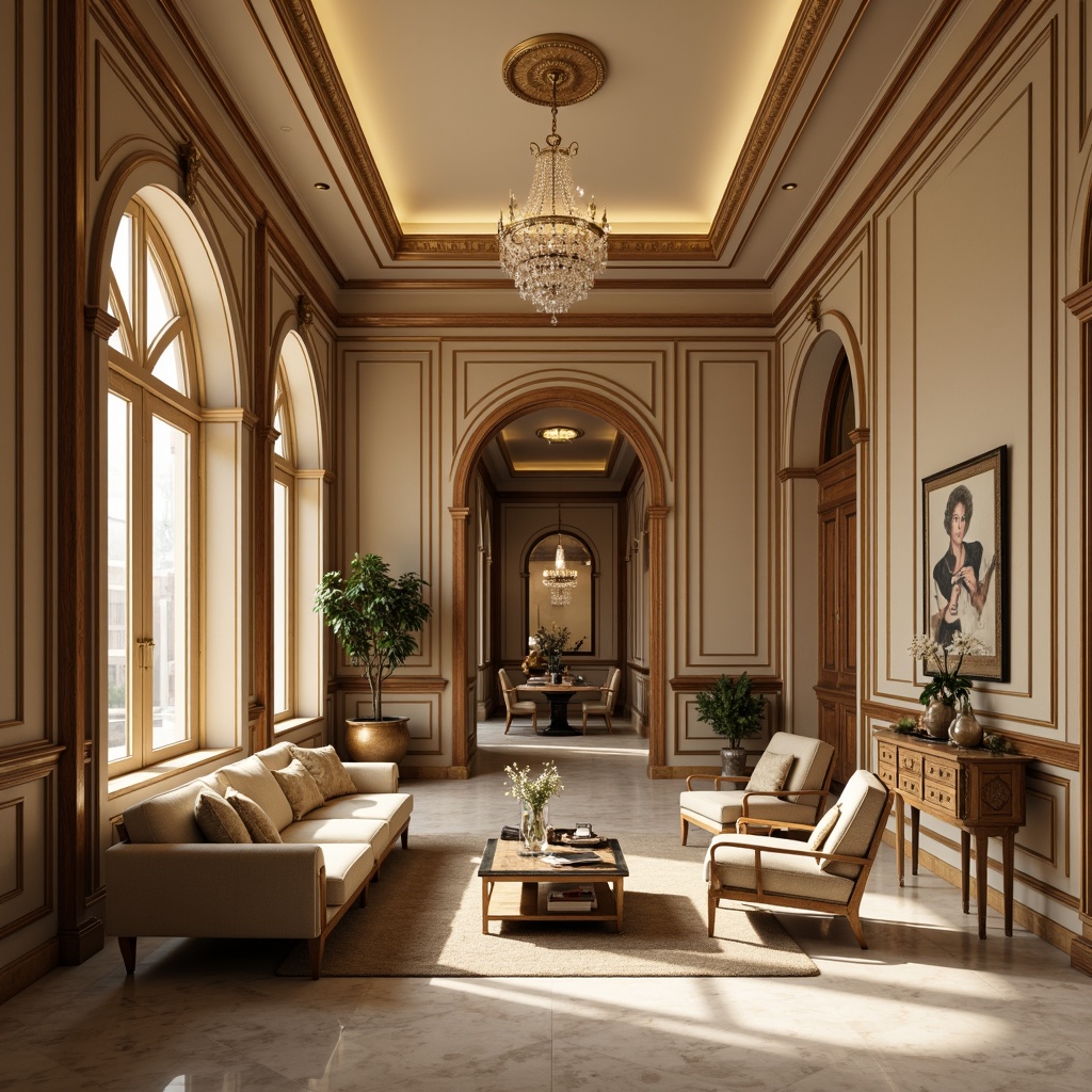 Prompt: Elegant neoclassical interior, soft warm beige walls, rich walnut wood furnishings, ornate gold accents, luxurious velvet fabrics, subtle cream marble floors, refined crystal chandeliers, intricate moldings, sophisticated neutral tones, warm candlelight, shallow depth of field, 1/1 composition, realistic textures, ambient occlusion.