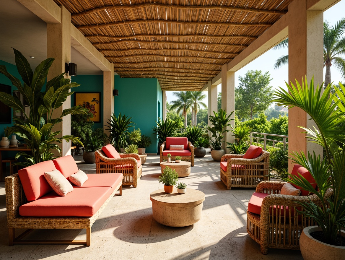 Prompt: Vibrant tropical interior, exotic plants, wicker furniture, natural fibers, rattan decor, bright coral hues, sunny yellow accents, lush greenery, turquoise oceanic tones, warm beige backgrounds, creamy whites, rich wood textures, organic patterns, jungle-inspired motifs, eclectic global influences, laid-back atmosphere, soft warm lighting, shallow depth of field, 3/4 composition, panoramic view, realistic textures, ambient occlusion.