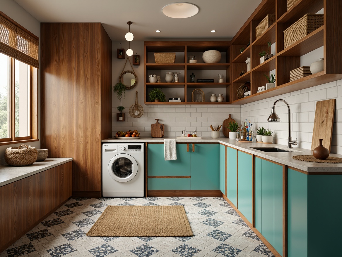 Prompt: Mid-century modern laundry room, sleek wooden cabinetry, minimalist chrome hardware, retro-style appliances, vibrant turquoise accents, geometric patterned flooring, natural stone countertops, pendant lighting fixtures, open shelving units, woven basket storage, woven textiles, subtle warm lighting, shallow depth of field, 1/1 composition, realistic textures, ambient occlusion.