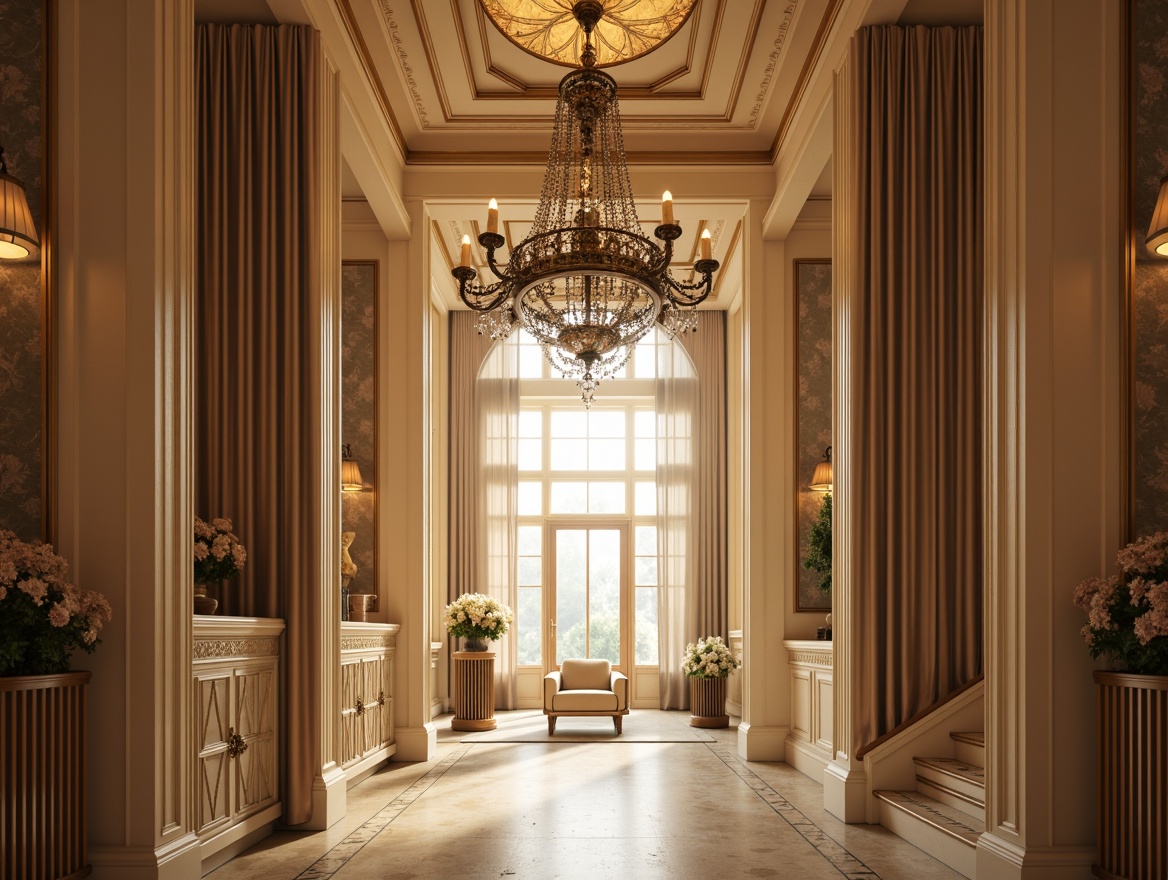 Prompt: Elegant neoclassical interior, grand chandelier, soft warm glow, ornate metal fixtures, crystal drops, creamy whites, rich wood tones, velvet drapes, intricate moldings, high ceilings, symmetrical compositions, dramatic spotlights, ambient sidelights, 3-point lighting, warm color temperature, realistic textures, subtle shading, detailed architectural elements.