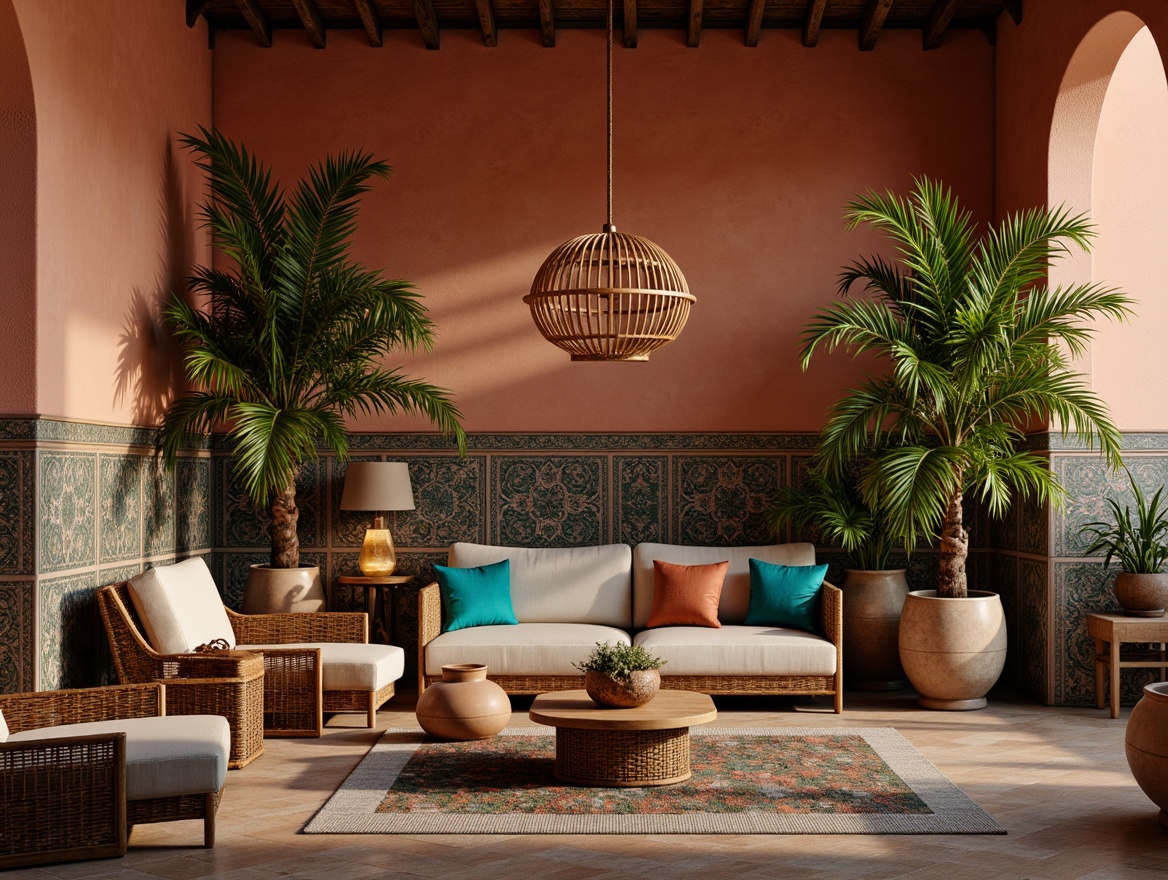 Prompt: Warm terracotta hues, rustic stone walls, ornate ceramic tiles, distressed wood accents, plush velvet fabrics, intricate Moroccan patterns, vibrant turquoise colors, natural linen textures, woven rattan furniture, lush greenery, exotic potted plants, warm candlelight, shallow depth of field, 1/1 composition, soft focus, realistic renderings.