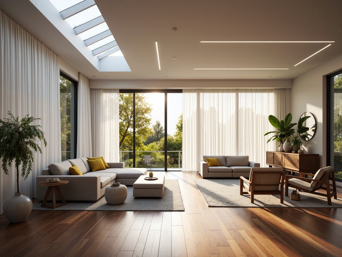 Prompt: Vibrant living room, floor-to-ceiling windows, sliding glass doors, sheer white curtains, polished wooden floors, minimalist decor, neutral color palette, south-facing orientation, clerestory windows, skylights, reflective surfaces, mirrors, LED light strips, ambient lighting, soft warm glow, 1/1 composition, shallow depth of field, panoramic view, realistic textures.