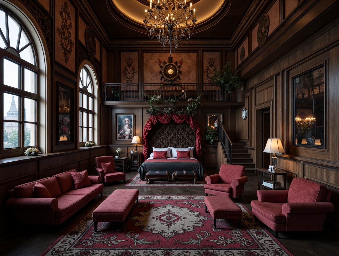 Prompt: Dark, mysterious penthouse, lavish furnishings, ornate wooden panels, grandiose chandeliers, luxurious velvet drapes, intricately carved stone walls, medieval-inspired furniture, heavy ironwork, richly upholstered sofas, majestic four-poster beds, mystical candlelight, eerie shadows, dramatic archways, grand staircases, mysterious alcoves, lavish textiles, mysterious artifacts, macabre decorations, ominous color palette, intense lighting contrasts, cinematic atmosphere, ornate mirrors, mystical symbols, gothic architecture details.