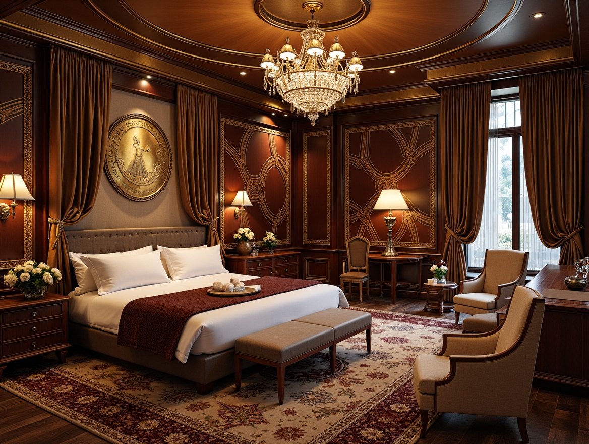 Prompt: Luxurious bedroom, ornate furnishings, metallic accents, geometric patterns, bold color schemes, velvet drapes, crystal chandeliers, inlaid wood furniture, curved lines, sunburst motifs, chevron designs, luxurious fabrics, rich textures, dramatic lighting, warm golden tones, soft focus, shallow depth of field, 1/2 composition, intimate atmosphere.