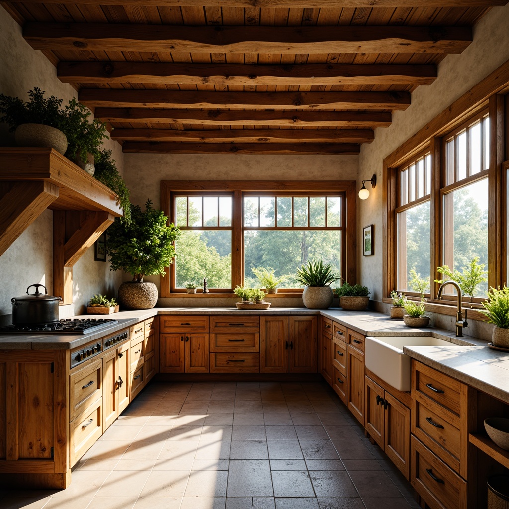 Prompt: Rustic kitchen, wooden cabinetry, earthy tones, natural textures, exposed beams, stone countertops, apron-front sinks, bronze hardware, soft warm lighting, cozy atmosphere, traditional craftsmanship, ornate carvings, decorative trims, farmhouse sink, pendant lights, ceramic tiles, wooden floors, greenery-filled windows, sunny morning light, shallow depth of field, 3/4 composition, realistic textures, ambient occlusion.