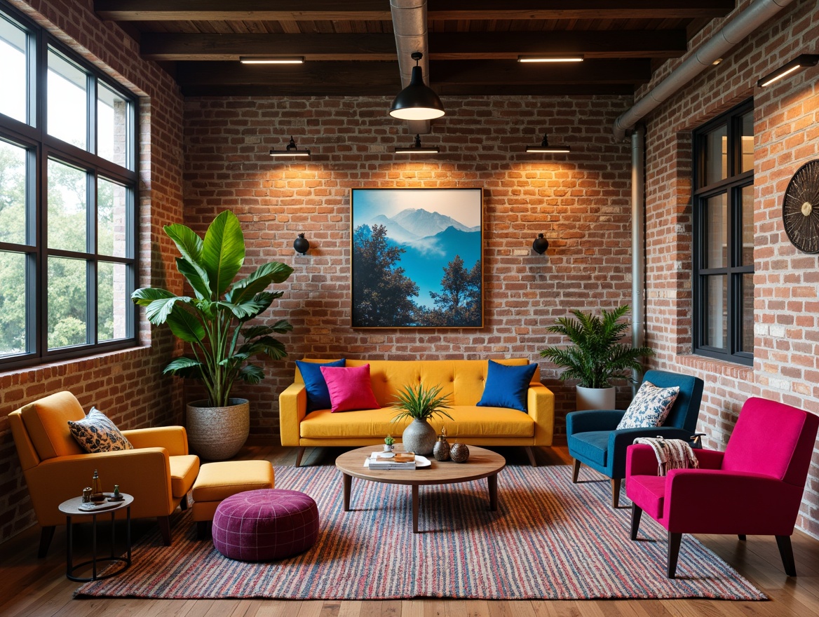 Prompt: Vibrant artistic studio, eclectic furniture pieces, bold colorful accents, textured rugs, geometric patterns, abstract artwork, modern industrial architecture, exposed brick walls, reclaimed wood floors, sleek metal fixtures, warm soft lighting, cozy atmosphere, 3/4 composition, shallow depth of field, realistic textures, ambient occlusion.