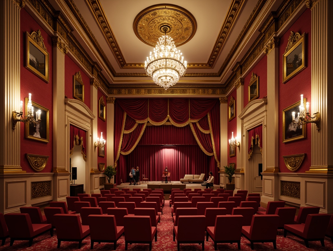 Prompt: \Ornate cinema wall, rich velvet drapes, golden trimmings, classical pilasters, intricate moldings, luxurious crimson red walls, ornamental ceiling details, grandiose chandeliers, lavish decorative mirrors, elegant sconces, subtle ambient lighting, warm beige tones, sophisticated neoclassical architecture, regal atmosphere, 1/1 composition, shallow depth of field, cinematic color grading, high-contrast ratio.\