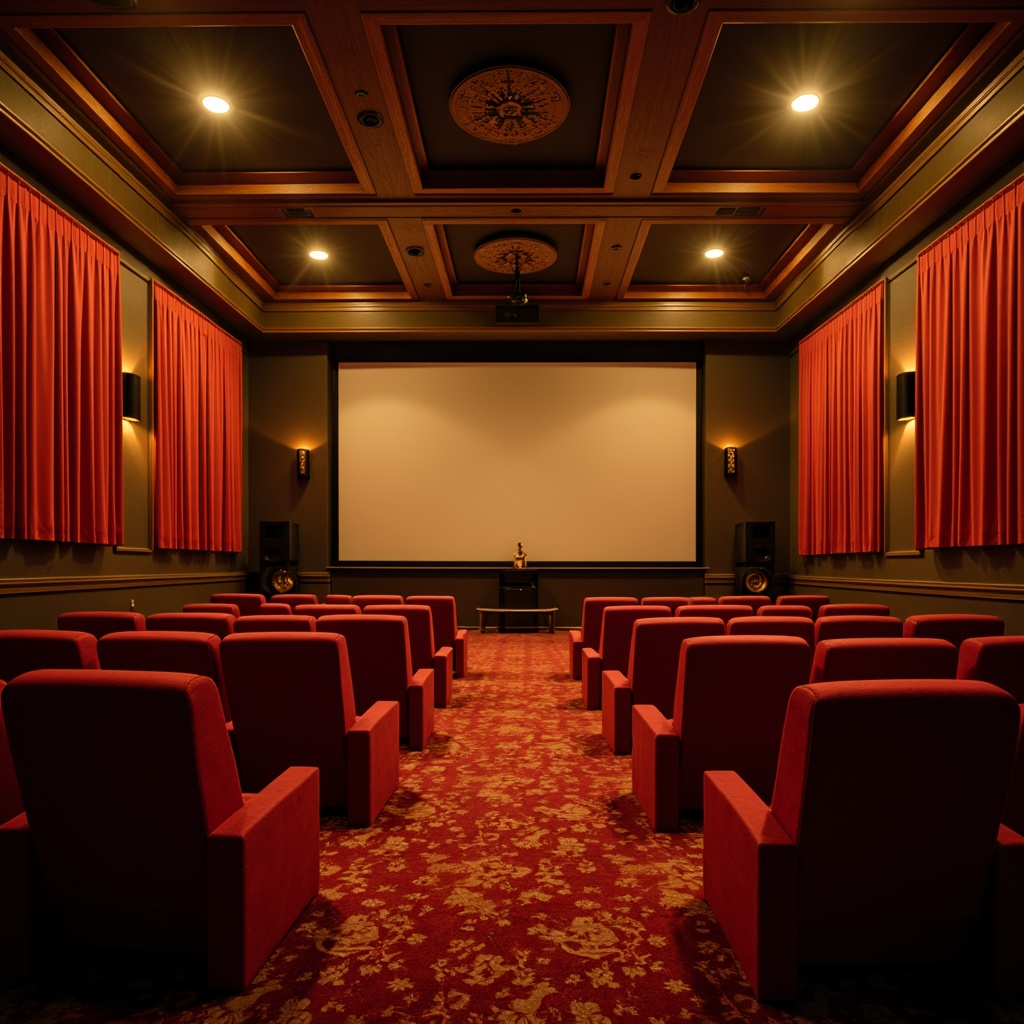 Prompt: Cozy cinema interior, warm golden lighting, soft velvet curtains, plush seating areas, cinematic sound systems, dark wood accents, rich red carpets, dramatic ceiling designs, intimate ambiance, subtle color grading, gentle fade-ins, cinematic framing, shallow depth of field, 1/1 composition, realistic textures, ambient occlusion.