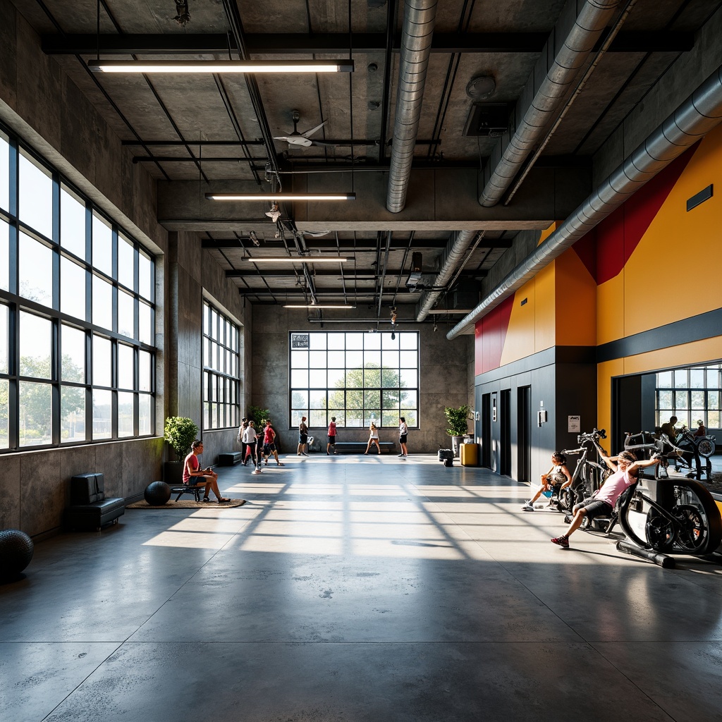 Prompt: Industrial-chic gym interior, exposed ductwork, polished concrete floors, minimalist lighting fixtures, metal beams, functional equipment, vibrant color accents, modernist architectural style, high ceilings, large windows, natural light pouring in, softbox lights, LED strip lighting, spotlights on machinery, dynamic shadows, 1/1 composition, dramatic contrast, realistic materials, subtle ambient occlusion.