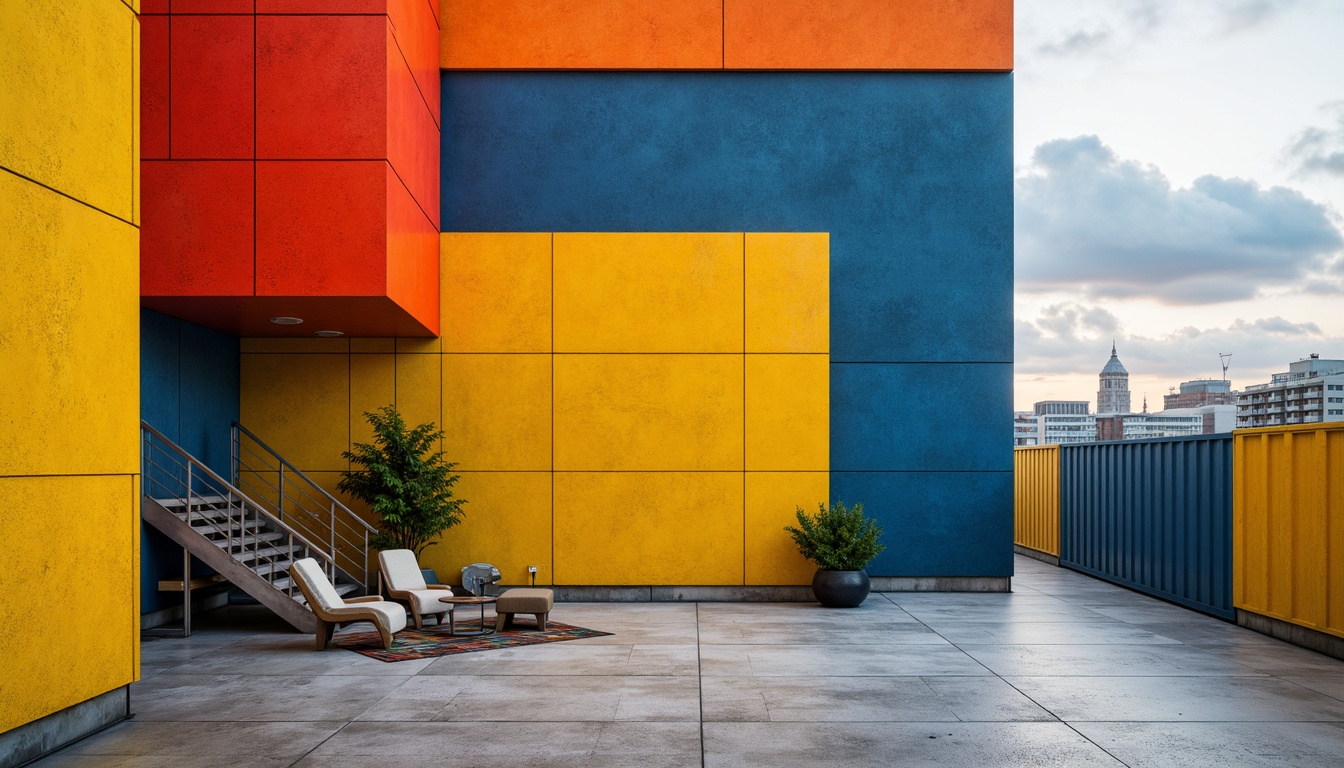 Prompt: Vibrant primary colors, bold geometric shapes, industrial materials, metal accents, minimalist decor, functional design, rectangular forms, clean lines, monochromatic backgrounds, stark contrasts, modernist architecture, urban cityscape, cloudy skies, soft natural lighting, high-contrast photography, 2/3 composition, symmetrical framing, abstract textures, subtle gradients.