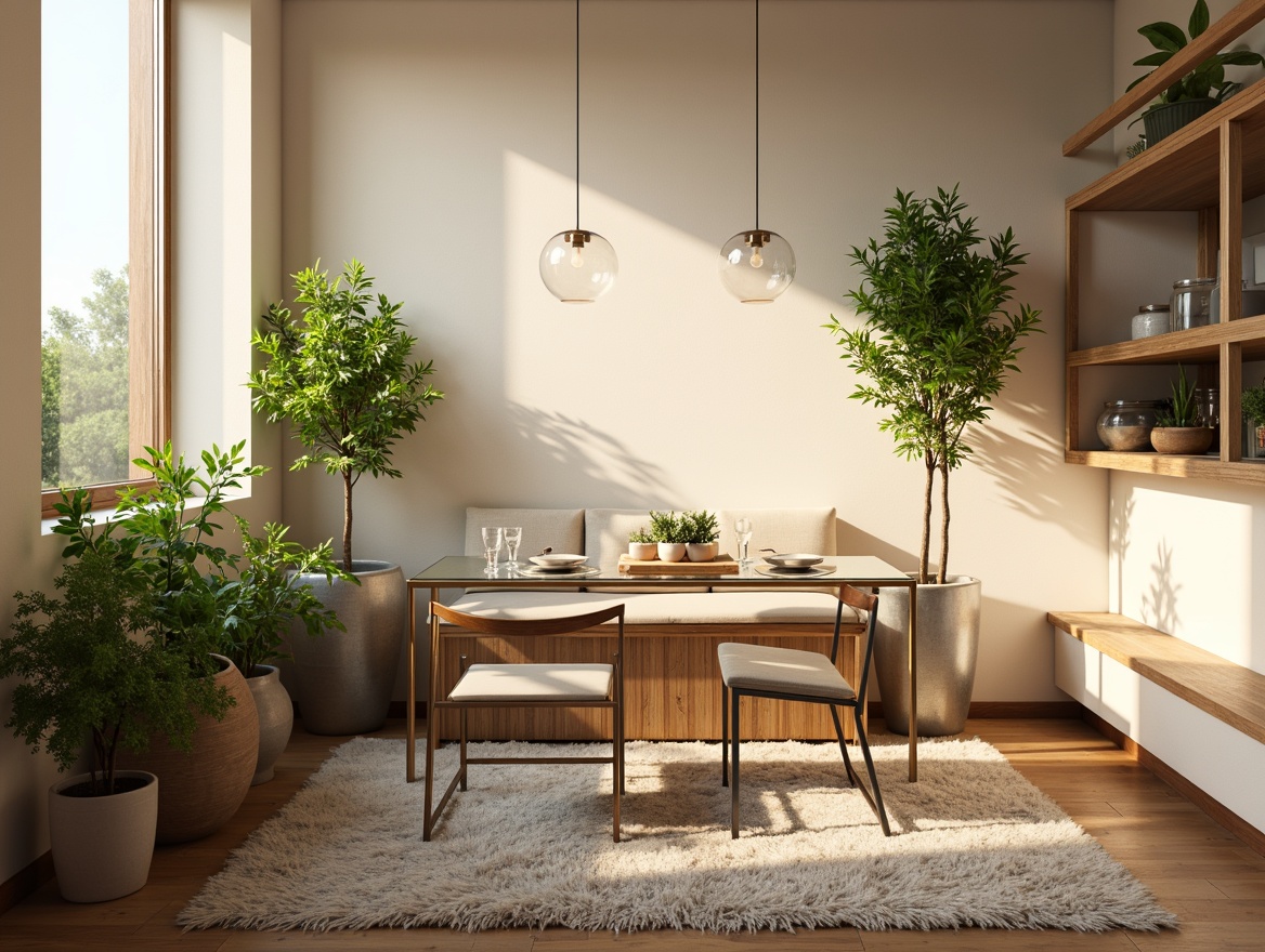 Prompt: Cozy breakfast nook, warm natural lighting, glass tabletops, sleek metal chairs, minimalist decor, soft cream-colored walls, plush area rugs, greenery-filled planters, modern pendant lamps, transparent glass shelves, elegant chrome accents, morning sunlight, shallow depth of field, 1/1 composition, realistic textures, ambient occlusion.