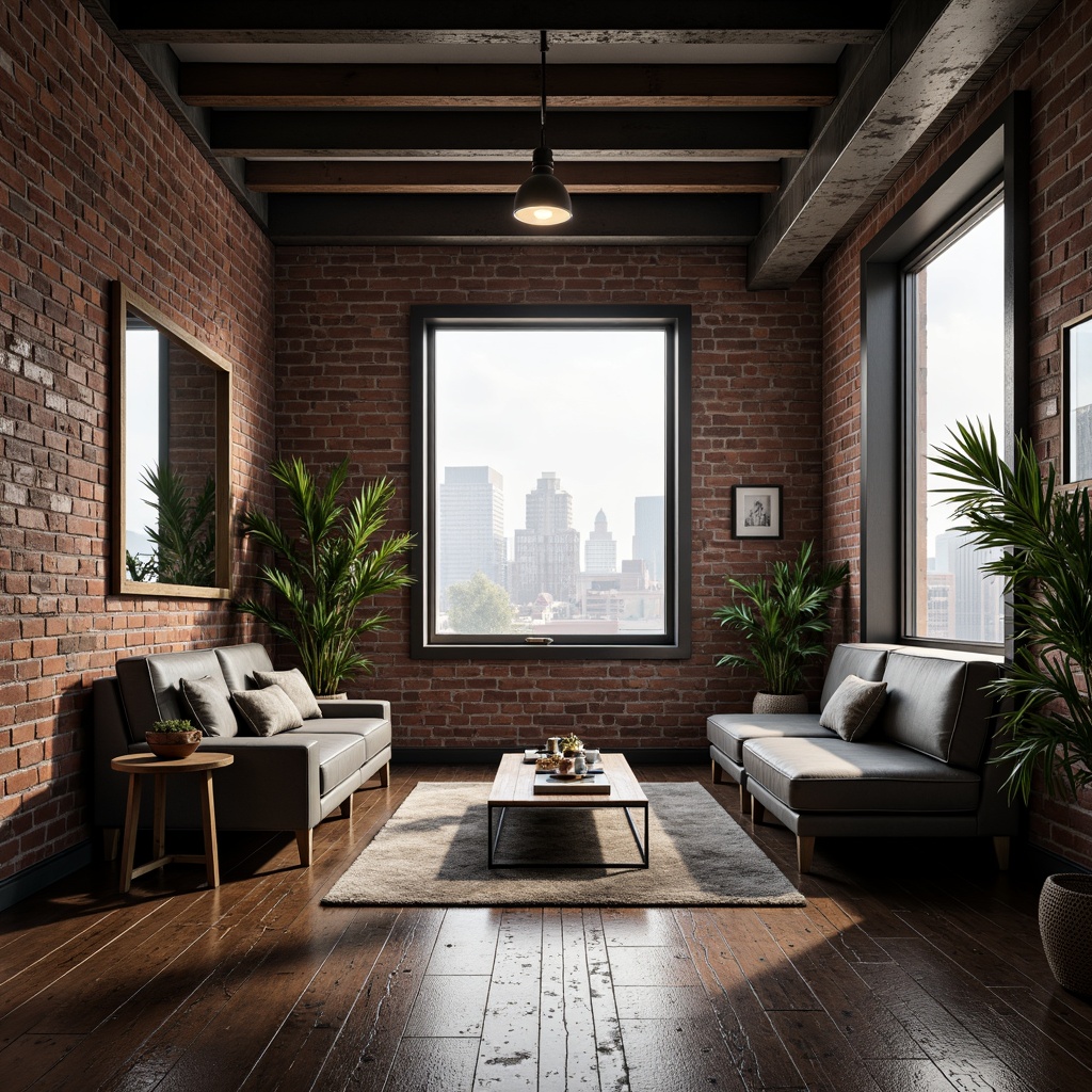 Prompt: Exposed brick walls, industrial metal beams, reclaimed wood floors, modern minimalist decor, metallic accents, brass fixtures, steel furniture frames, edgy lighting installations, urban cityscape views, gritty textured concrete, distressed finishes, bold color schemes, atmospheric foggy lighting, shallow depth of field, 1/1 composition, dramatic shadows, realistic reflections.