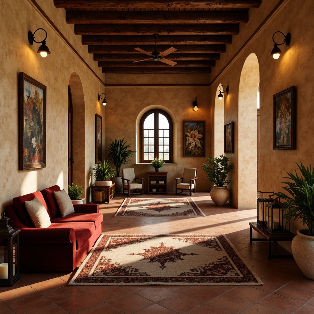 Prompt: Warm Mediterranean ambiance, earthy terracotta floors, rustic stone walls, distressed wood accents, ornate ceramic tiles, vintage metal lanterns, plush velvet furniture, richly patterned rugs, soft warm lighting, shallow depth of field, 3/4 composition, atmospheric perspective, realistic textures, ambient occlusion.