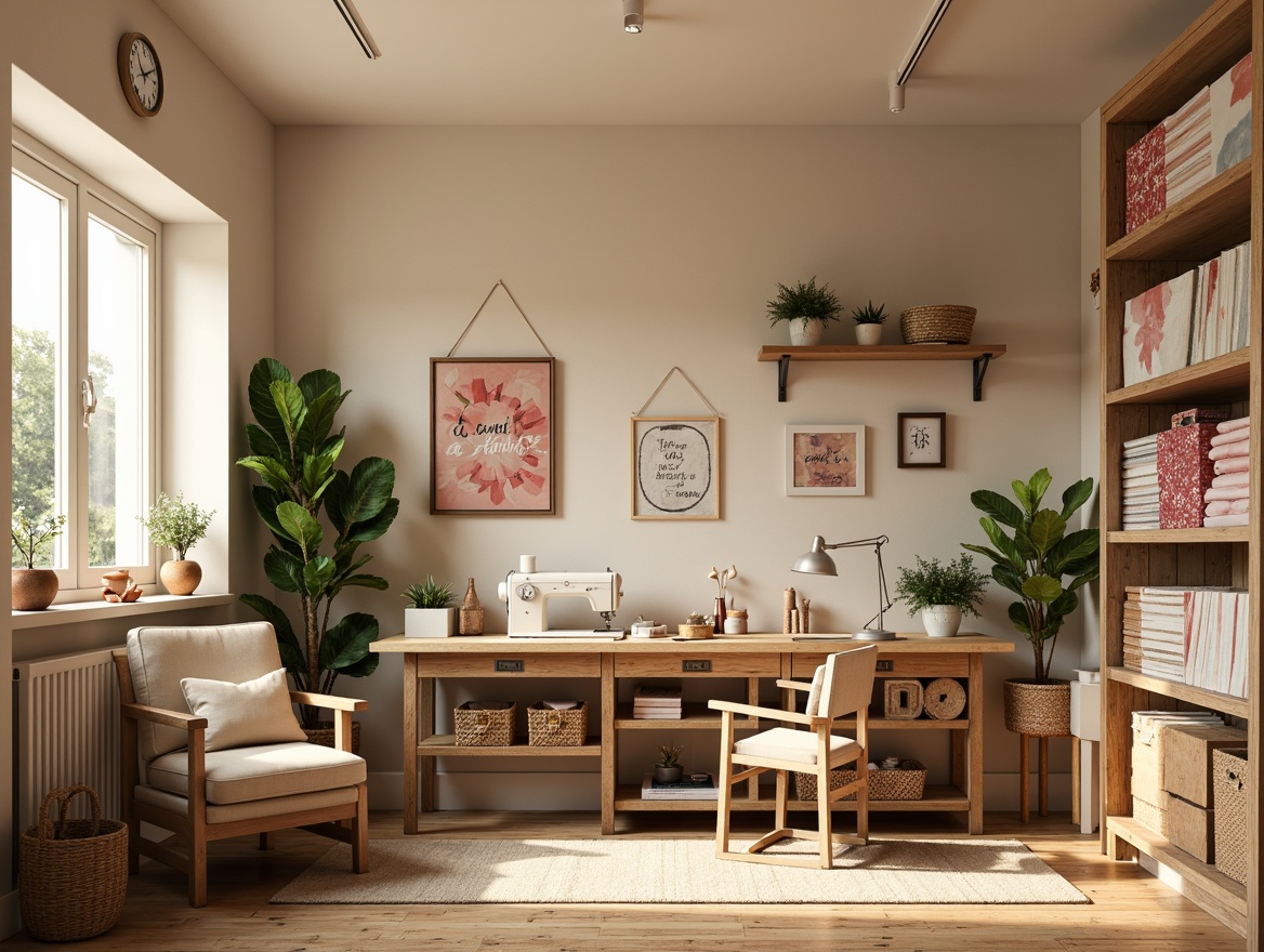 Prompt: Cozy craft room, warm beige walls, natural wood furniture, soft cream accents, vintage sewing machines, colorful fabric swatches, inspirational quotes, rustic wooden shelves, woven baskets, earthy terracotta pots, lush greenery, calming pastel hues, gentle warm lighting, shallow depth of field, 1/1 composition, realistic textures, ambient occlusion.