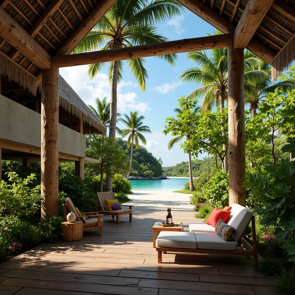 Prompt: Vibrant tropical foliage, exotic palm trees, weathered wooden decks, rustic thatched roofs, distressed stone walls, natural rattan furniture, woven bamboo accents, colorful tiki torches, lush greenery, warm sandy beaches, crystal clear waters, sunny island days, soft warm lighting, shallow depth of field, 3/4 composition, panoramic view, realistic textures, ambient occlusion.