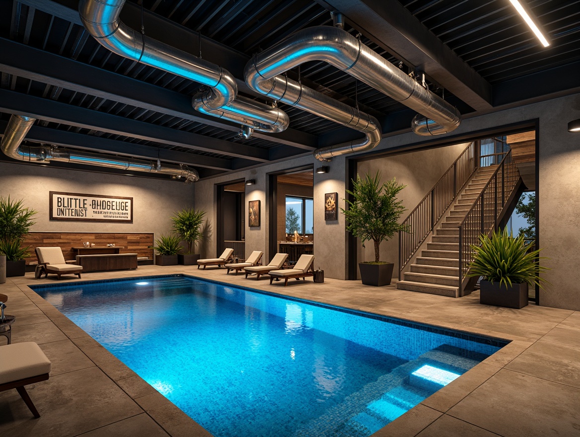 Prompt: Exposed ductwork, industrial-chic lighting fixtures, steel beams, concrete flooring, urban loft-inspired pool deck, reclaimed wood accents, metal staircase, floor-to-ceiling windows, natural light pouring in, dramatic LED lighting, color-changing pool lights, underwater spotlights, modern minimalist decor, sleek pool equipment, stainless steel railings, industrial-style signage, distressed finishes, high-contrast color scheme, bold typography, moody atmospheric lighting, cinematic composition, shallow depth of field.