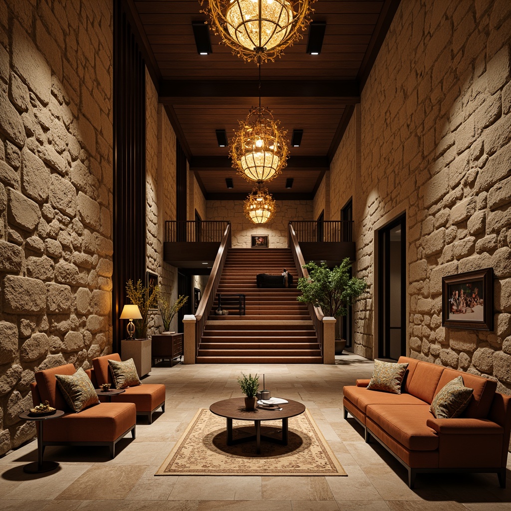 Prompt: Luxurious interior design, textured stone walls, rough-hewn granite, earthy tones, warm ambient lighting, cozy atmosphere, plush furnishings, ornate gold accents, rich velvet drapes, lavish chandeliers, sophisticated color palette, high-end materials, intricate moldings, rustic wooden beams, dramatic ceiling heights, grand staircase, opulent decor, 1/2 composition, soft focus blur, cinematic lighting, detailed textures, realistic reflections.