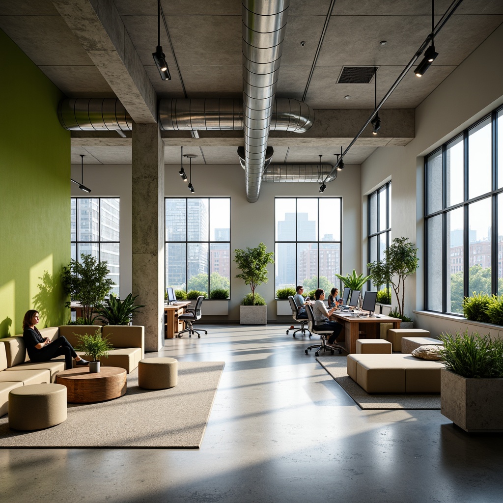 Prompt: Open-plan office space, minimalist decor, sleek modern furniture, collaborative workstations, flexible modular seating, abundant natural light, floor-to-ceiling windows, polished concrete floors, industrial-chic exposed ductwork, geometric-shaped pillars, vibrant green walls, living plants, airy atmosphere, warm neutral color palette, task-oriented lighting, 1/1 composition, soft focus, shallow depth of field.