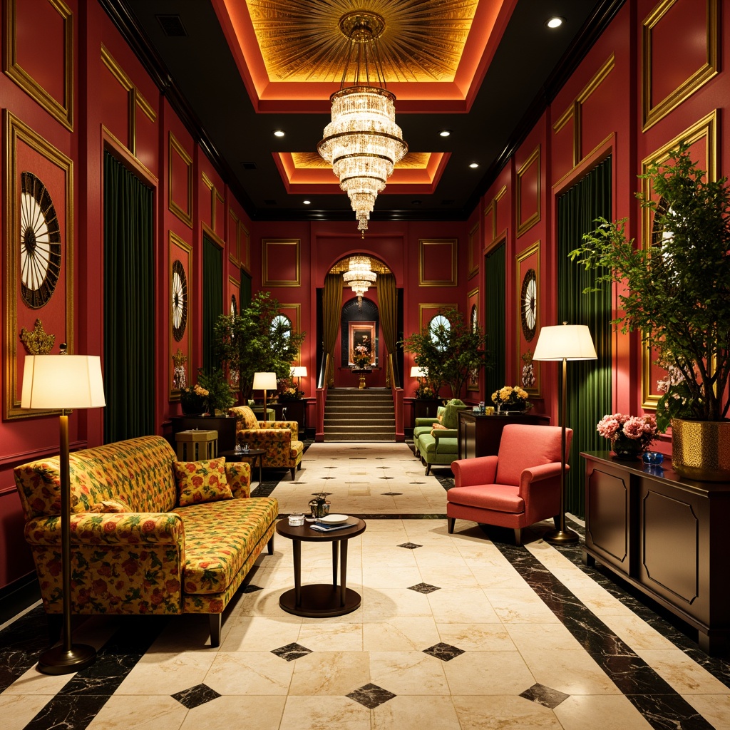 Prompt: Vibrant art deco interior, opulent furnishings, luxurious fabrics, metallic accents, geometric patterns, bold black lines, bright chrome fixtures, lavish chandeliers, rich jewel-toned walls, creamy marble floors, ornate mirrors, sunburst motifs, stylized florals, sophisticated velvet drapes, dramatic floor lamps, warm golden lighting, high-contrast shadows, detailed moldings, 3/4 composition, shallow depth of field.