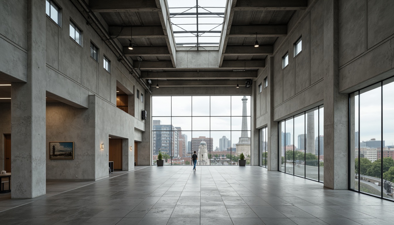 Prompt: Raw concrete walls, industrial metal beams, minimal ornamentation, abundant natural light, clerestory windows, skylights, floor-to-ceiling glass doors, reflective surfaces, matte finishes, urban cityscape views, overcast skies, soft diffused lighting, 1/1 composition, high contrast ratio, dramatic shadows, realistic textures, ambient occlusion.